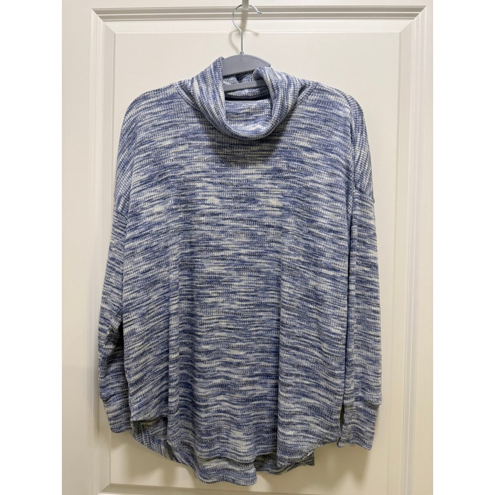LOFT Outlet Petite Blue White Space Dye Cowl Neck Ribbed Knit Sweater LP
